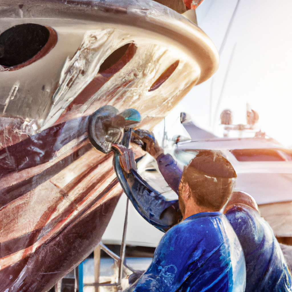 Tecnici nautici al lavoro sullo scafo in un porto italiano al sorgere del sole